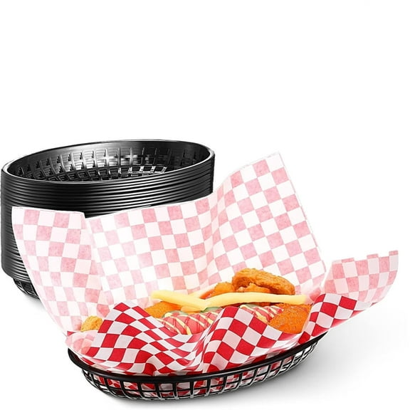 NOGIS 12 Pack Fast Food Baskets, Plastic Fast Food Restaurant Baskets, Bread Fry Baskets Serving Tray for Hot Dogs, Chicken, Burgers, Sandwiches, Fries (Black)