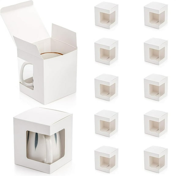 NOGIS 12 Pack Gift Boxes for Sublimation Mugs, 4.1x4.3x4.7'' Small White Packaging Box, 12OZ 15OZ Transparent Cups Wrapping Box with Clear View Window, Cupcake Box Christmas Ornament Box