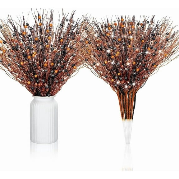 NOGIS 12 Pack Glitter Halloween Black Orange Artificial Berry Stem Picks 17 Inch Curly Tall Tree Filler Branches Christmas Decorations for Vase Filler, Twigs for Holiday (Orange Black)