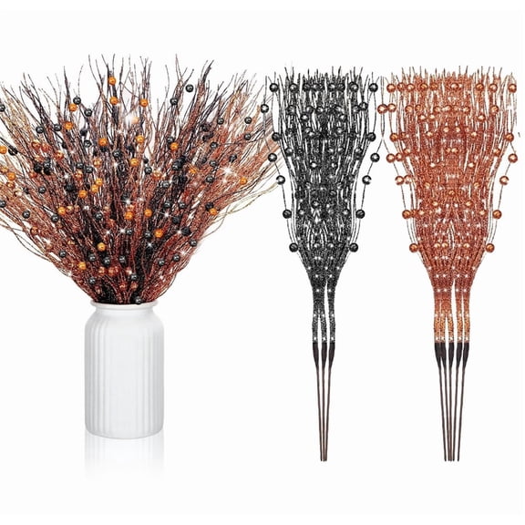 NOGIS 12 Pcs Artificial Glitter Berry Stem Ornaments 17 Inches Fake Halloween Picks Branches Decorative Glitter Sticks for Vase Christmas Tree DIY Wreath Crafts Fireplace(Black, Orange)