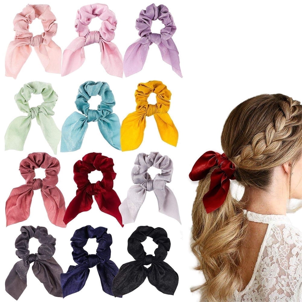 24 Pcs Stylish Hair Scarves & Scrunchies with Bow Ties - Elastic Ponytail NOGIS 4 Pcs Hair Scarf Scrunchies Chiffon Scrunchie Hair  main image 4