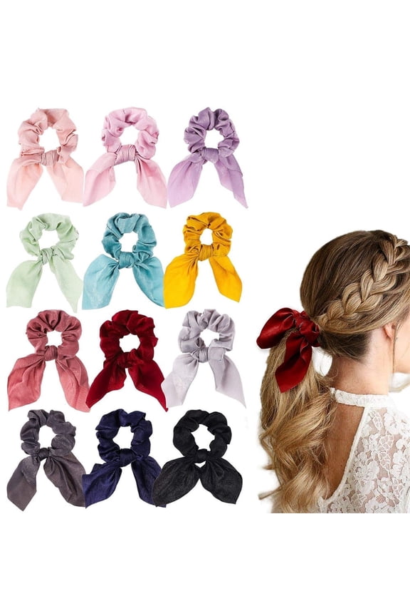 12 Pcs Bowknot Hair Scrunchies Super Soft Silk Scarf Hair Ties 2 in 1 Design Solid Colors Scrunchie Ponytail Holder with Bows Pattern Hair Scrunchy Accessories Ropes for Women