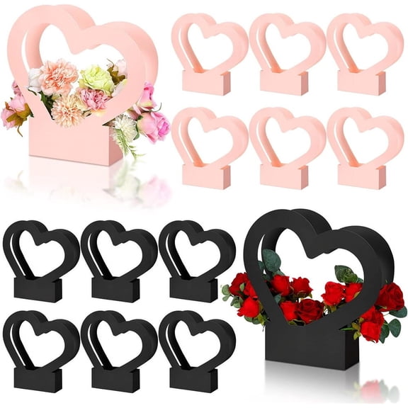 NOGIS 12 Pcs Flower Box for Arrangement Kraft Paper Flower Box Bouquet Flower Gift Bags with Handle Waterproof Packaging Floral Wrap Wedding Birthday Graduation Party (Pink and Black)