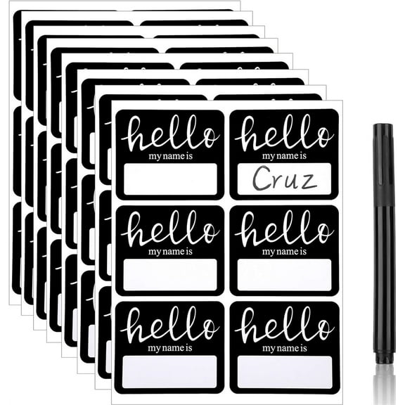 NOGIS 120 Pieces Hello Name Tags with Black Marker Pen, Hello My Name is Stickers Newborn Baby Name Sticker Labels for School Office Home (Black)