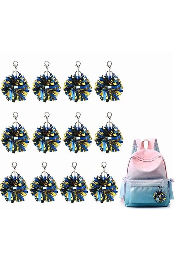 12Pcs Cheer Pom Pom Keychain, Cute Cheerleading Keyring Charm Foil with Keychain Hooks, Perfect for Cheerleading Pins, Competition Awards & Backpack Charms, Blue&Gold
