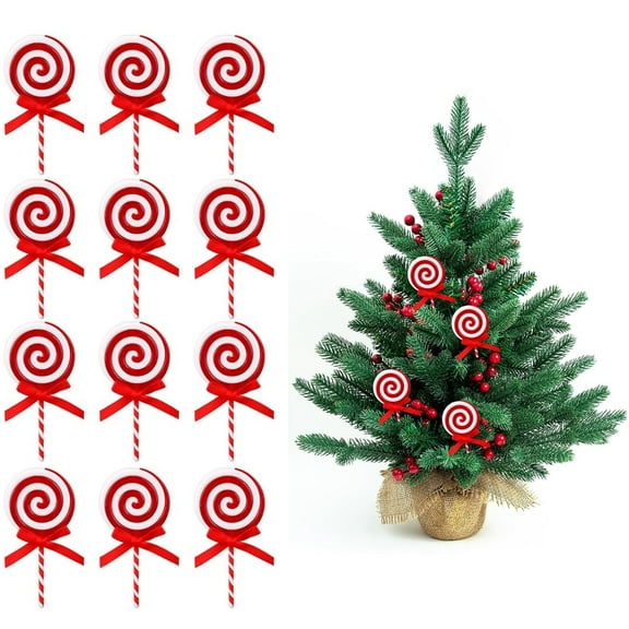 NOGIS 12Pcs Christmas Candy Cane Plastic Candy Decorations Peppermint Ornaments for Christmas Tree Candy Lollipop Craft Decor for Xmas Home Party Supplies (Red)