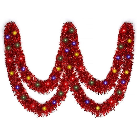 NOGIS 16.4 Ft Christmas Prelit Tinsel Garland, Red Metallic Garland with LED Lights for Christmas Tree Decorations,Wedding Party Supplies (Red)