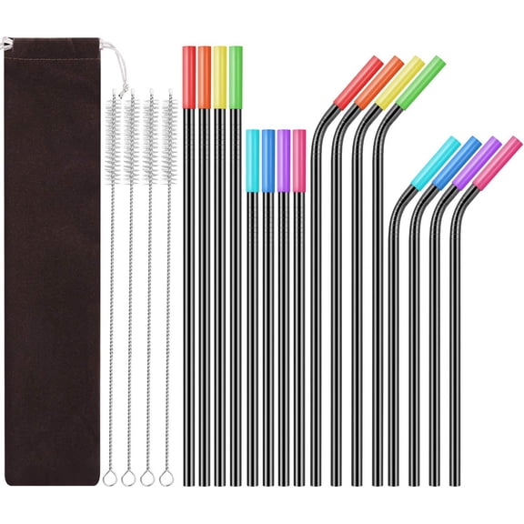 NOGIS 16 Metal Straw Reusable Straws 8.5" 10.5" 6mm Stainless Steel Straws for Tumblers 20oz-32oz, Drinking Straws with Silicone Tips, 4 Straw Cleaner Brush, 1 Travel Case