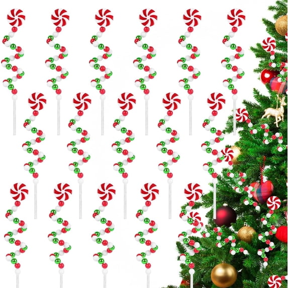 NOGIS 16 PCS 11.8 Inch Christmas Curly Pick Red Green White Christmas Ornament Candy Shape Christmas Tree Picks Christmas Tree Decorations for Xmas Tree Party Supplies Home Vase Party Ornaments