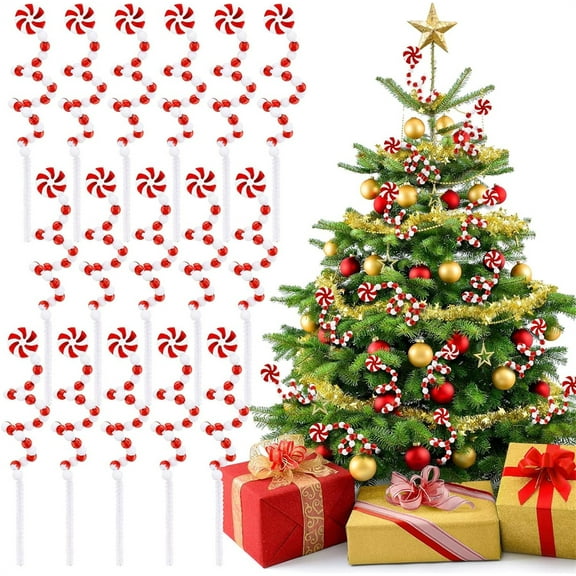 NOGIS 16 Pcs Red White Christmas Tree Decoration Bell Candy Shape Christmas Curly Pick Ornaments Lollipop Picks for Christmas Tree Picks Decorations for Wreaths Home Office Party 11.8 Inch