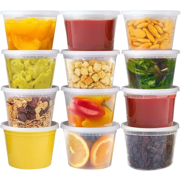 NOGIS 16 oz Plastic Containers with Lids, 12 Set Deli Containers with Lids Free Food Storage Containers for Slime, Soup, Fruit, Salad, Shaved Ice, Leakproof and Microwave Safe