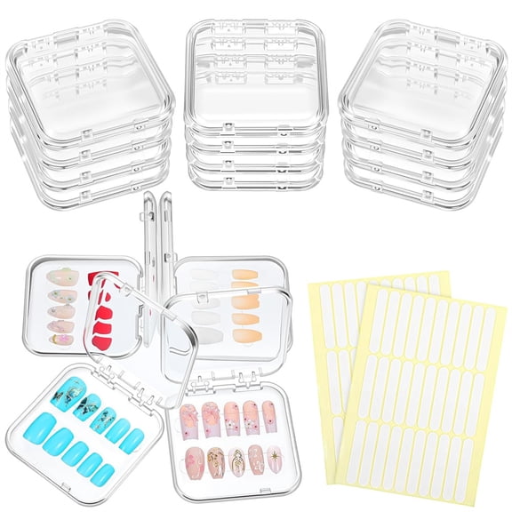 NOGIS 16pcs Press on Nail Storage Box with 72 Pcs Adhesive Double Sided Tape Acrylic Nail Display Boxes Artificial False Nail Box Organizer Fake Nail Case Transparent Nails Packaging Boxes