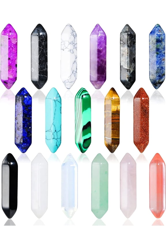 17Pcs Healing Crystals Stones Sets, Hexagonal Bullet Shaped Reiki Meditation Gemstone Chakra Stones Tiger Eye Obsidian Quartz Crystals Gemstone Wand Set Pendants Random Color