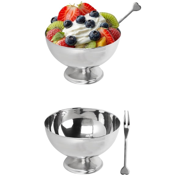 NOGIS 1Pcs Ice Cream Bowls, 9.2cm Stainless Steel Dessert Cups with Fork Salad Bowl Footed Serving Cup for Ice Cream, Candy, Snack, Fruit, Cake - Party, Wedding