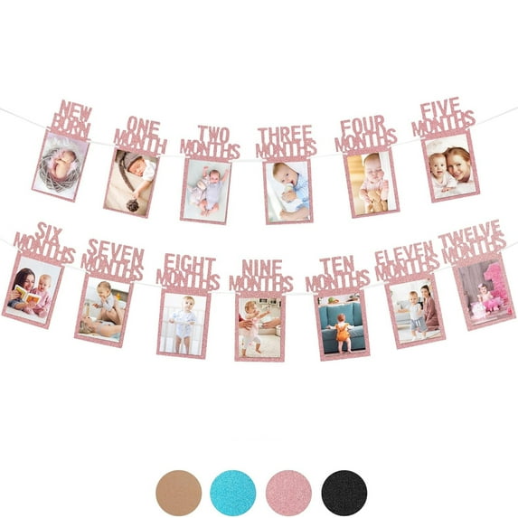 NOGIS 1st Birthday Photo Banner for Baby from Newborn to 12 Months, First Birthday Decorations, Pre-Strung One Year Old Birthday Photo Banner with Frame, Monthly Milestones Garland (Rose Gold)
