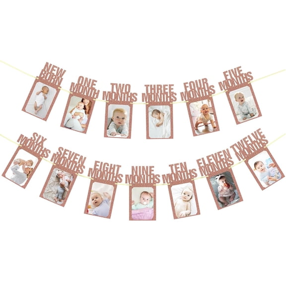 NOGIS 1st Birthday Photo Banner for Baby from Newborn to 12 Months, Girls or Boys Monthly Milestones Garland Decora One Year Old First Birthday Photo Banner Decorations with Frame (Rose Gold)
