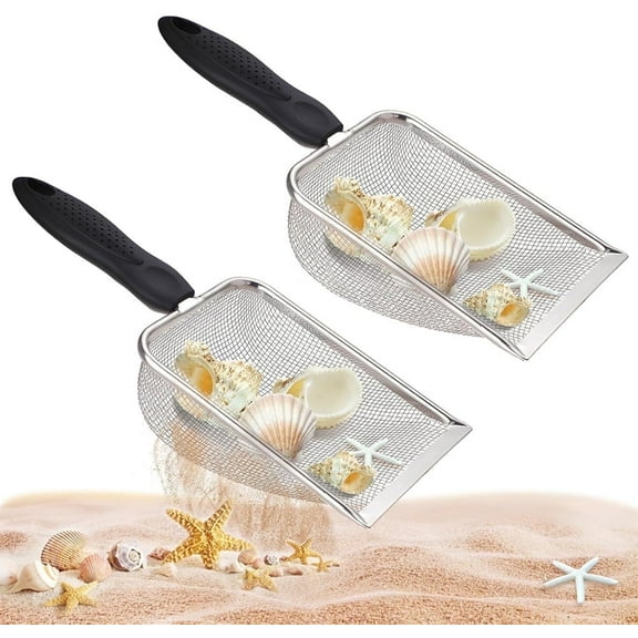 NOGIS 2 Pcs Beach Mesh Shovel with 2 Pcs Mesh Beach Bag for Filter Sand, Shell Collecting Scooper for Picking Up Shells, Shark Tooth Sifter