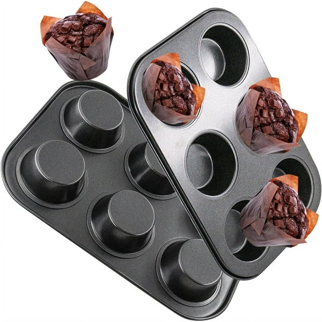 NOGIS 2 PCS Non-Stick Round 6-Cup Standard Muffin Baking Pan Set Carbon Steel Cupcake Pan Muffin Tin Perfect for Making Muffins or Cupcakes, Black