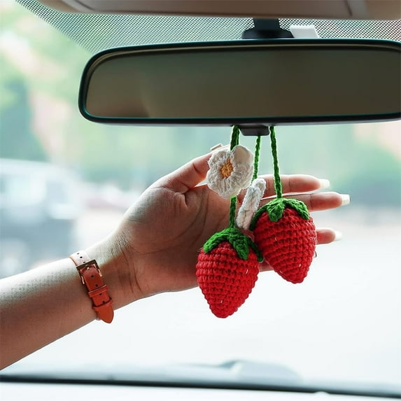 NOGIS 2 PCs Cute Crochet Strawberry Car Hanging Ornament for Car Rearview Mirrior Decor, Car Mirror Hanging Charms Accessories, Car Pendant Fruit for Gift-Handmade Knitted (Red)
