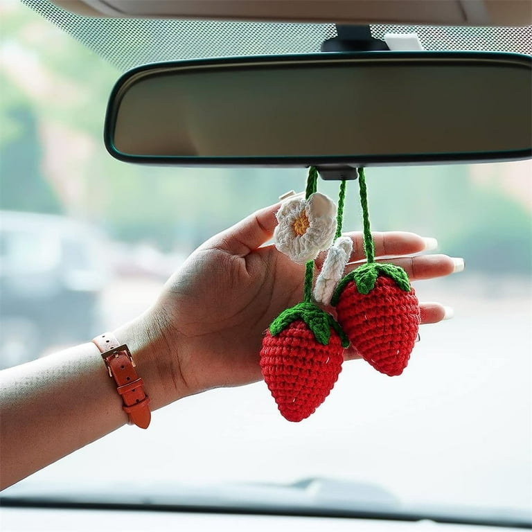 NOGIS 2 PCs Cute Crochet Strawberry Car Hanging Ornament for Car