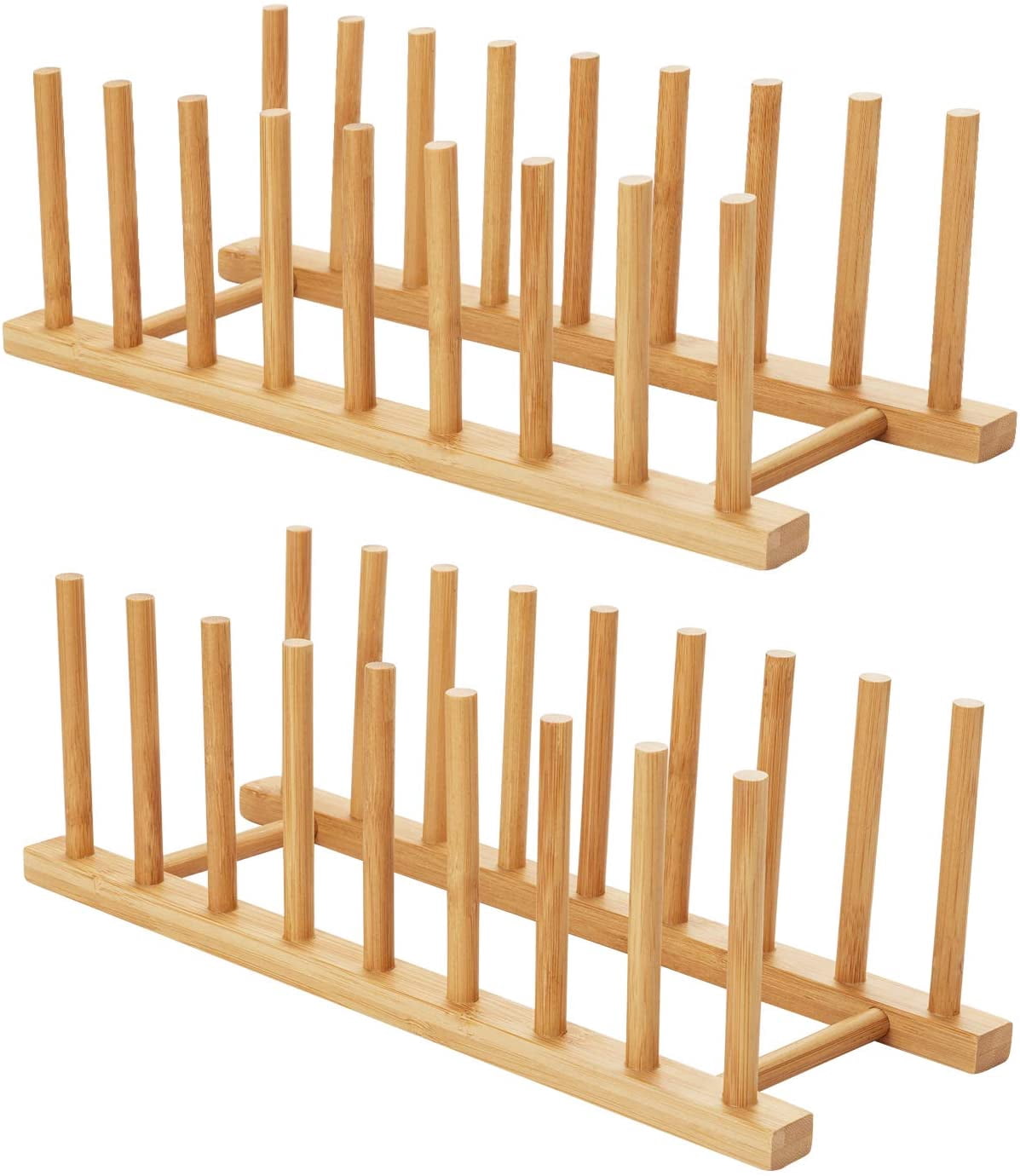 NOGIS 2 Pack Bamboo Dish Rack, Dish Drying Rack, Plate Bowl Cup Book Pot Lid Cutting Board Drying Rack Stand Drainer Storage Holder, 13'' x 5'' x 4'