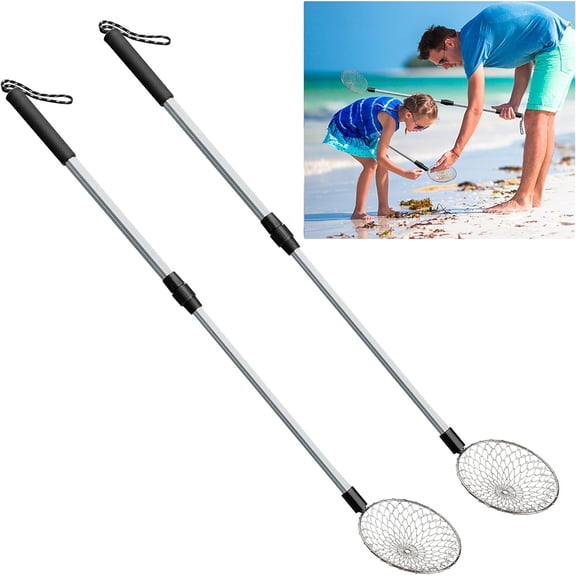 NOGIS 2 Pack Beach Scoop Shovel and Sifter Tool Sand Sifter Sea Glass Shell Shark Tooth Sifter Sand Scoop Shell Scooper for Beach Adjustable Long Handle Cat Litter Shovel (5.5 Inch)