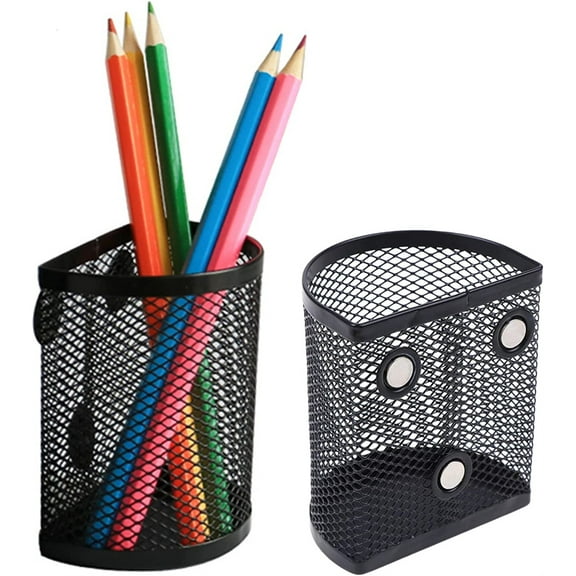 NOGIS 2 Pack Magnetic Pencil Holder Fridge, Metal Mesh Basket Storage Organizer with Extra Strong Magnet to Hold Refrigerator, Locker Accessories, Office Supplies - Black (Semicircle)