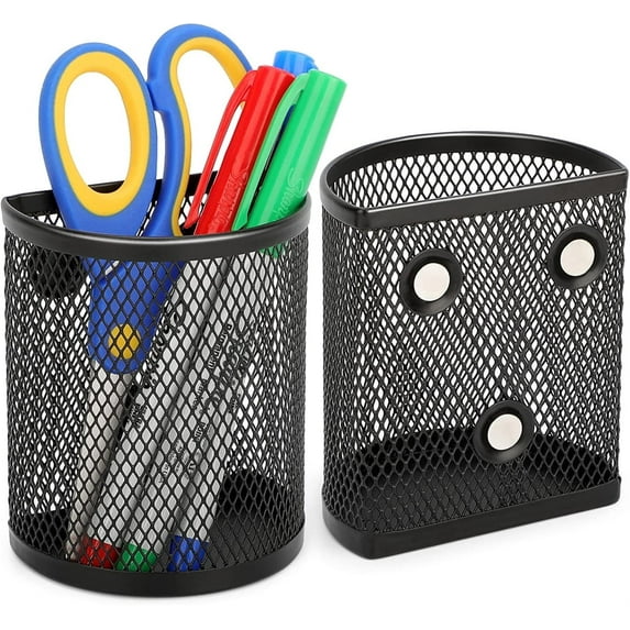 2 Pack Magnetic Pencil Holder, Mesh Storage Metal Baskets Holder Container Storage Organizer with Magnets to Hold Whiteboard Kitchen Refrigerator Fridge, NOGIS Locker Accessories, Black 