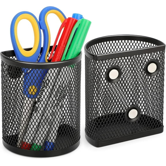 2 Pack Magnetic Pencil Holder, Mesh Storage Metal Baskets Holder Container Storage Organizer with Magnets to Hold Whiteboard Kitchen Refrigerator Fridge, NOGIS Locker Accessories, Black