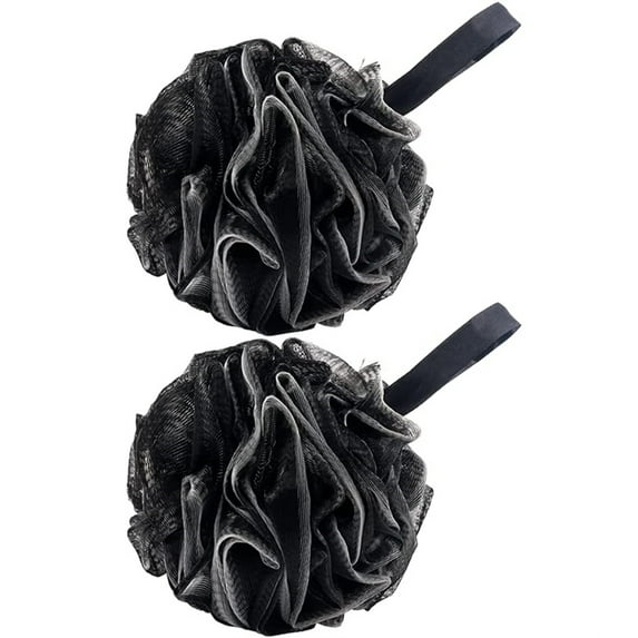 NOGIS 2 Pack Shower Puff Black Bath Sponge Shower Loofahs Pouf Ball Nature Bamboo Charcoal Mesh for Body Wash Bathroom Men Women, Durable Body Scrubber Exfoliator, Shower Essential Skin Care