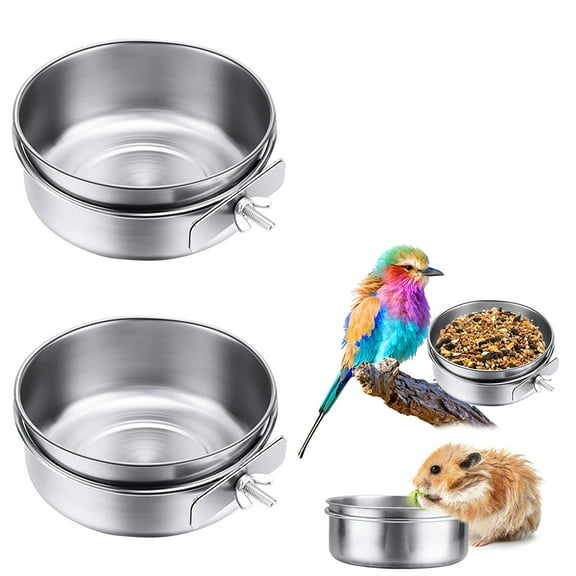 NOGIS 2 Pack Stainless Steel Bird Feeding Dish Cups, Pet Cage Seed Feeder, Parrot Food Water Bowls with Clamp for Small Animal, Parrot Cockatiel Conure Budgies Parakeet, 3.9 Inch