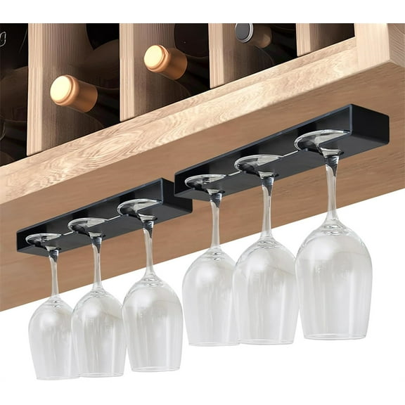 NOGIS 2 Pack Wine Glass Holder Under Shelf Cabinet Wine Glass Rack Plastic Stemware Rack Glasses Storage Hanger Bar Kitchen Wine Glasses Organizer (Black)