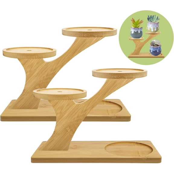 NOGIS 2 Packs Tabletop Bamboo Succulent Plant Stand for Window Sill Plant Shelf, Small Mini 3 Tier Table Top Desktop Plant Holder for Indoor Plants Multiple, Desk Tiered Succulent Pot Holder