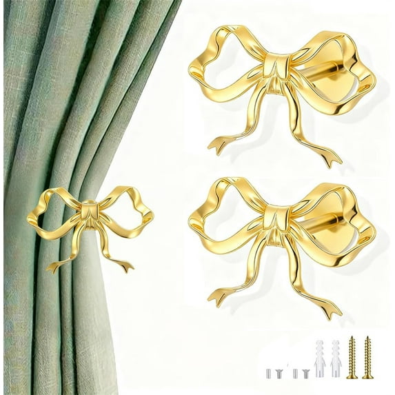 NOGIS 2 Pcs Gold Metal Bow Curtain Holdbacks Wall Mounted with Screws, Elegant Modern Decorative Tiebacks for Living Room, Bedroom, Girls Bedroom