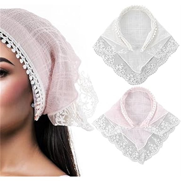 NOGIS 2 Pcs Lace Headbands for Women,Boho Head Scarf,Non-Slip Hair Soft Head Coverings with Acrylic Headband,Not Easy to Fall, Fashion Hair Accessories for Hair Styling Decor Pink, White