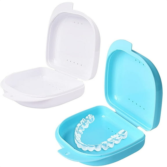 NOGIS 2 Pcs Retainer Box Retainer Case Retainer Container Partial Mouth Guard Container Case Denture Box Orthodontic Denture Storage Boxes with Vent Holes (Light Blue+White)