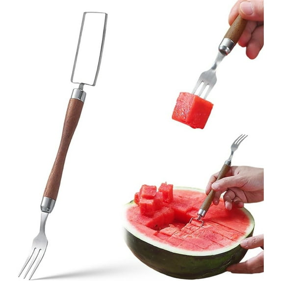 NOGIS 2-in-1 Stainless Steel Fruit Cutter, Watermelon Fork Slicer Cutter Slicer Tool, Dual Head Fruit Forks Slicer Knife, Summer Watermelon Fruit Cutting Fork Kitchen Gadget for Home (Small)