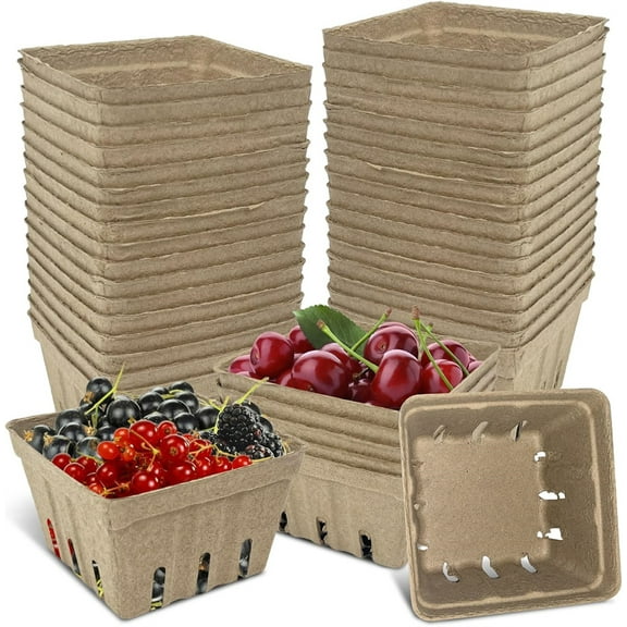 NOGIS 20 Pack Natural Pulp Fiber Berry Basket, Molded Produce Vented Basket Kitchen Supplies for Strawberry Blueberry Raspberry, Fruit Tray for Fruit Vegetable Farmer Market Grocery