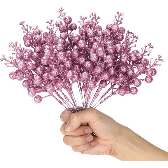 NOGIS 20 Pcs Christmas Glitter Red Berries Stems for Christmas Tree Decoration, 8.3" Artificial Christmas Golden Red Berry for DIY Crafts Wreath Garland Christmas Ornaments Decor (Pink)