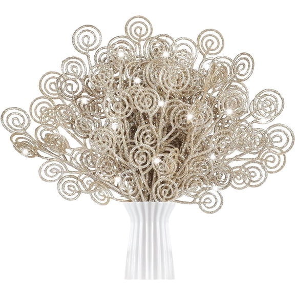 NOGIS 20 Pcs Christmas Tree Picks 12" Artificial Glitter Stems Christmas Candy Curly Picks for Christmas Tree Wreath Crafts Fillers Party Home Holiday Arrangement (Champagne)