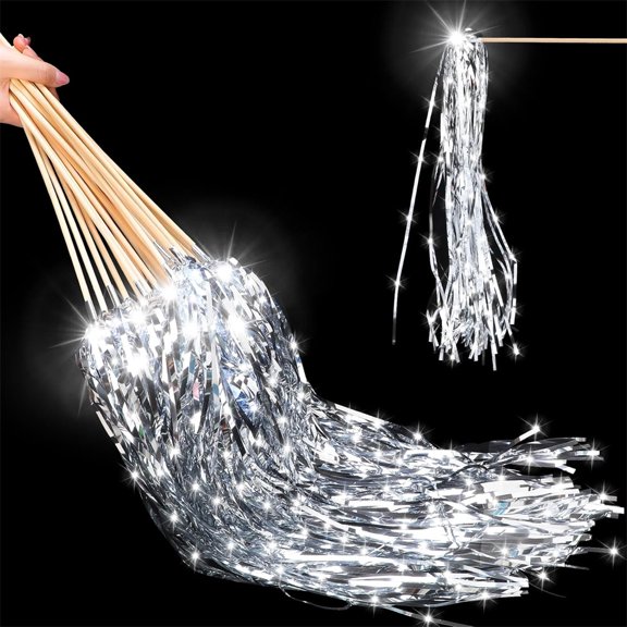 NOGIS 20 Pcs Lighted Wedding Wands LED Tinsel Wedding Wands Light up Wedding Streamers for Wedding Send Off and Exits Baby Shower Birthday Party Favors (Silver)