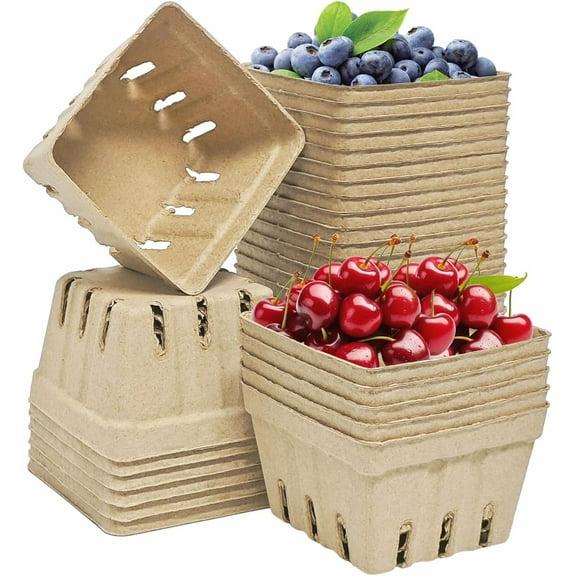 NOGIS 20 Pcs Natural Pulp Fiber Berry Basket, Molded Berry Basket Produce Vented Container for Strawberry Blueberry Raspberry and Vegetable Small Farmer Market Grocery Stores, 4.3x4.3x2.8inch