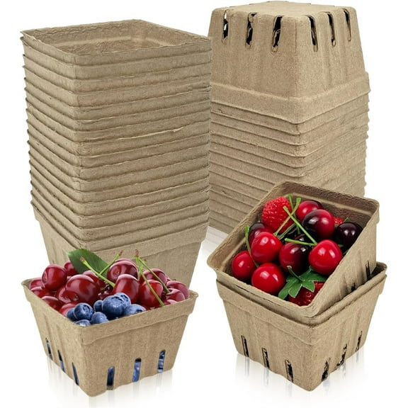 NOGIS 20 Pcs Natural Pulp Fiber Berry Basket Small Vented Berry Picking Basket Small Container Holder for Fruits Vegetable Farmer Market Grocery, 4.3x4.3x2.8inch