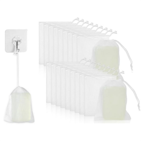 NOGIS 20 Pcs White Exfoliating Mesh Soap Saver Pouch Bag Mesh Soap Bag Soap Handmade Soap Bubble Mesh Net Bags with Drawstring Mesh Foaming Net Soap Sack Bags for Bath and Shower Easy to Store