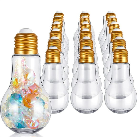NOGIS 20Pcs Plastic Bulb Jar Light Bulb Shaped Acrylic Candy Boxes 100ml Fillable Plastic Light Bulbs for Crafts Light Bulb Gift Lightbulb Candy Containers for Party Favors Supplies (Gold Lid)