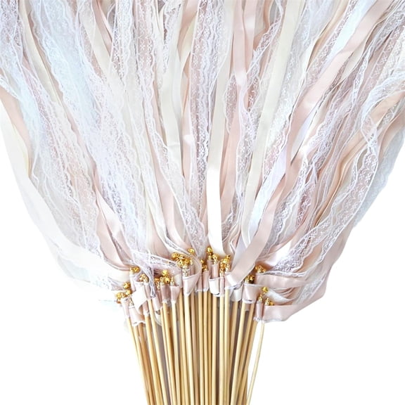 NOGIS 20Pcs Ribbon Sticks Wands Streamers with Bells Silk Fairy Stick Party Ribbon Streamers for Wedding Party, Birthday and Holiday Activities-Champagne