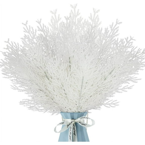 NOGIS 24-Pack Artificial Glitter Pine Tree Twig Ornaments, Decorative Sticks, Glittery Stems, Picks, Branches for Christmas Tree, Small Vase, Holiday, Wedding, Party (14 Inches, White)