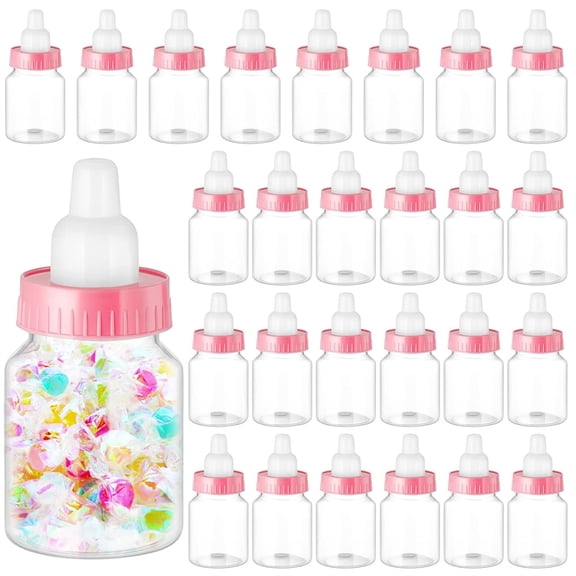 NOGIS 24 Pcs 3.5 Inch Baby Bottle Shower Favor Mini Plastic Candy Bottle Clear Plastic Baby Bottles for Baby Shower Mini Baby Bottle Feeding Bottle Candy Box for Baby Shower Gift Decor (Pink)