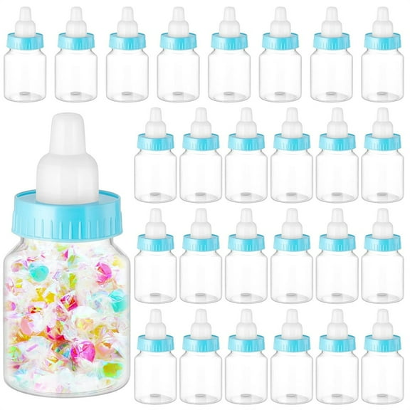 NOGIS 24 Pcs 3.5 Inch Baby Bottle Shower Favor Mini Plastic Candy Bottle Clear Plastic Baby Bottles for Baby Shower Mini Baby Bottle Feeding Bottle Candy Box for Baby Shower Gift Decor (Blue)