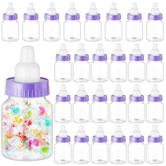 NOGIS 24 Pcs 3.5 Inch Baby Bottle Shower Favor Mini Plastic Candy Bottle Clear Plastic Baby Bottles for Baby Shower Mini Baby Bottle Feeding Bottle Candy Box for Baby Shower Gift Decor (Purple)
